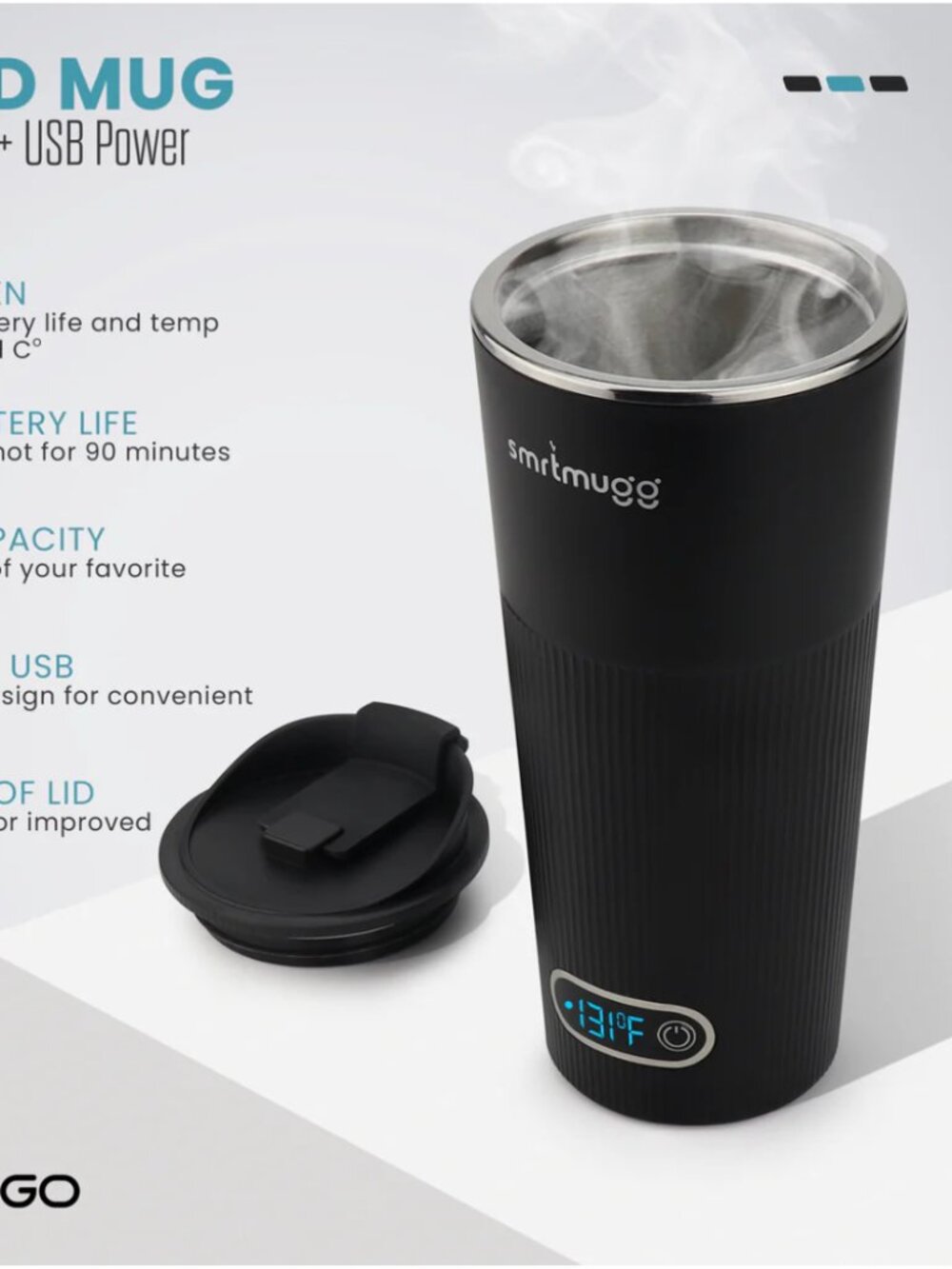 SmrtMugg Go Heated Travel Mug Black NEW Sealed
